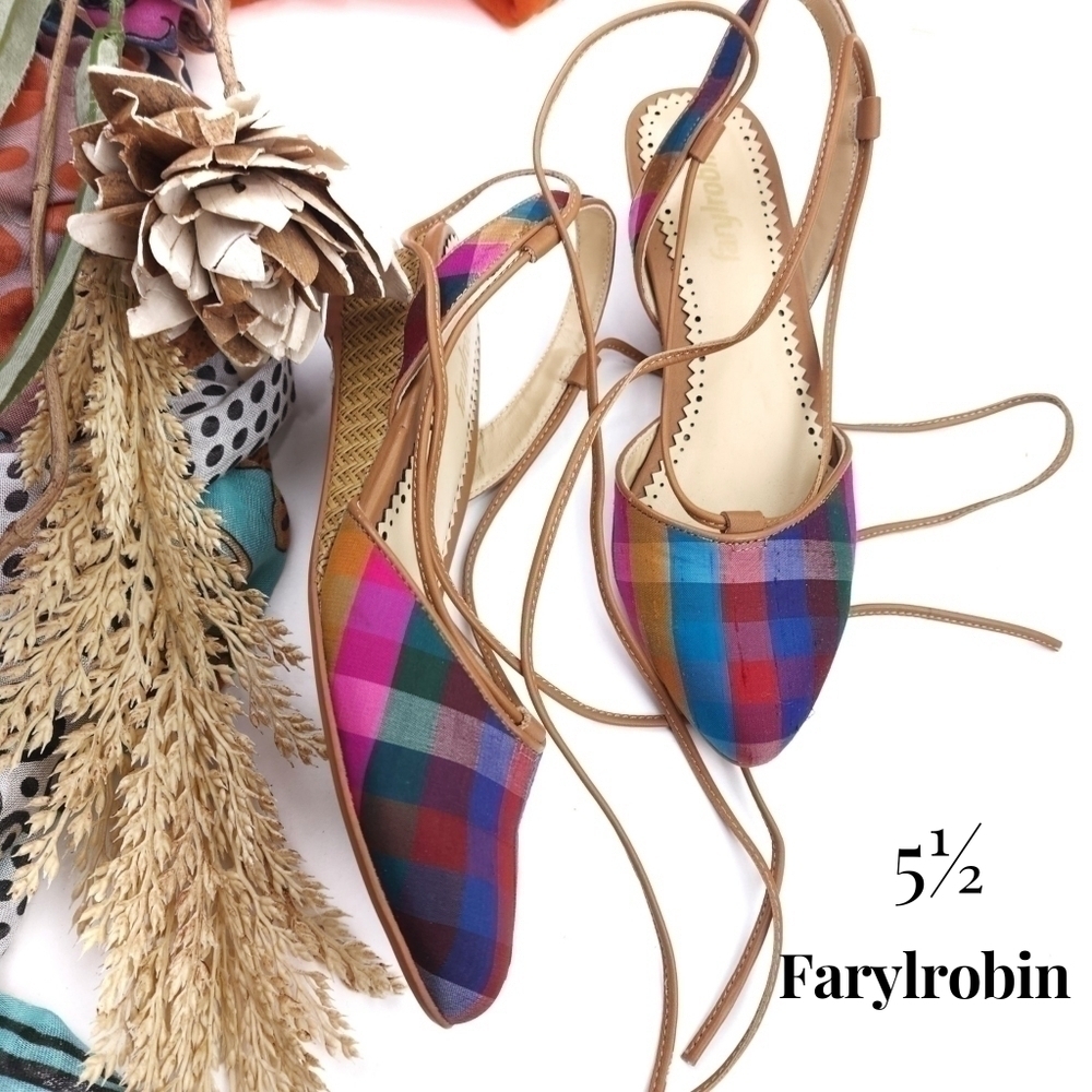 Farylrobin Pink Blue Plaid Strappy Sandals Size 5.5